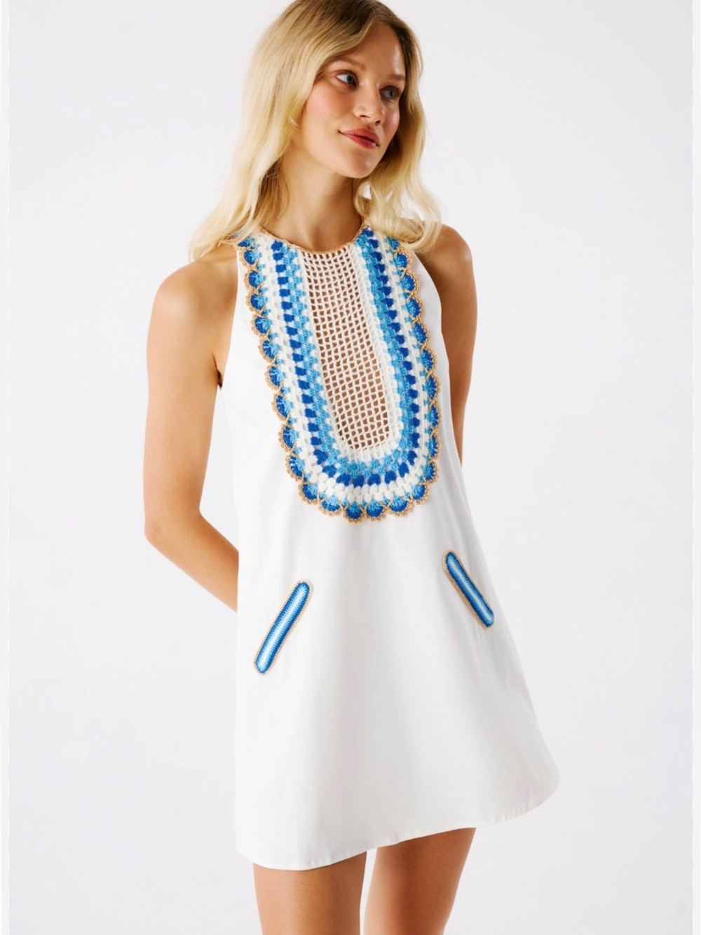NWT My Beachy Side Embroidered Arya Mini Dress - White with Blue Trim Small
